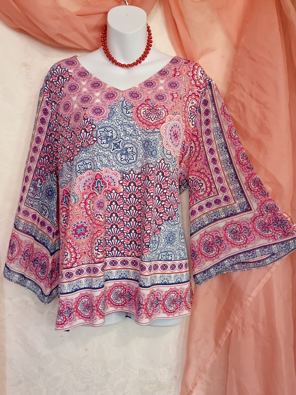 Chico's Ladies Pink & Blue Paisley V-Neck Bell Sleeve Top Sz 16P